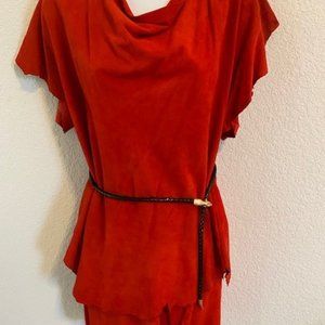 Designer Sample 3pc RED Suede LEATHER Ragged Edge TOP SKIRT &BLACK Snake BELT ~M